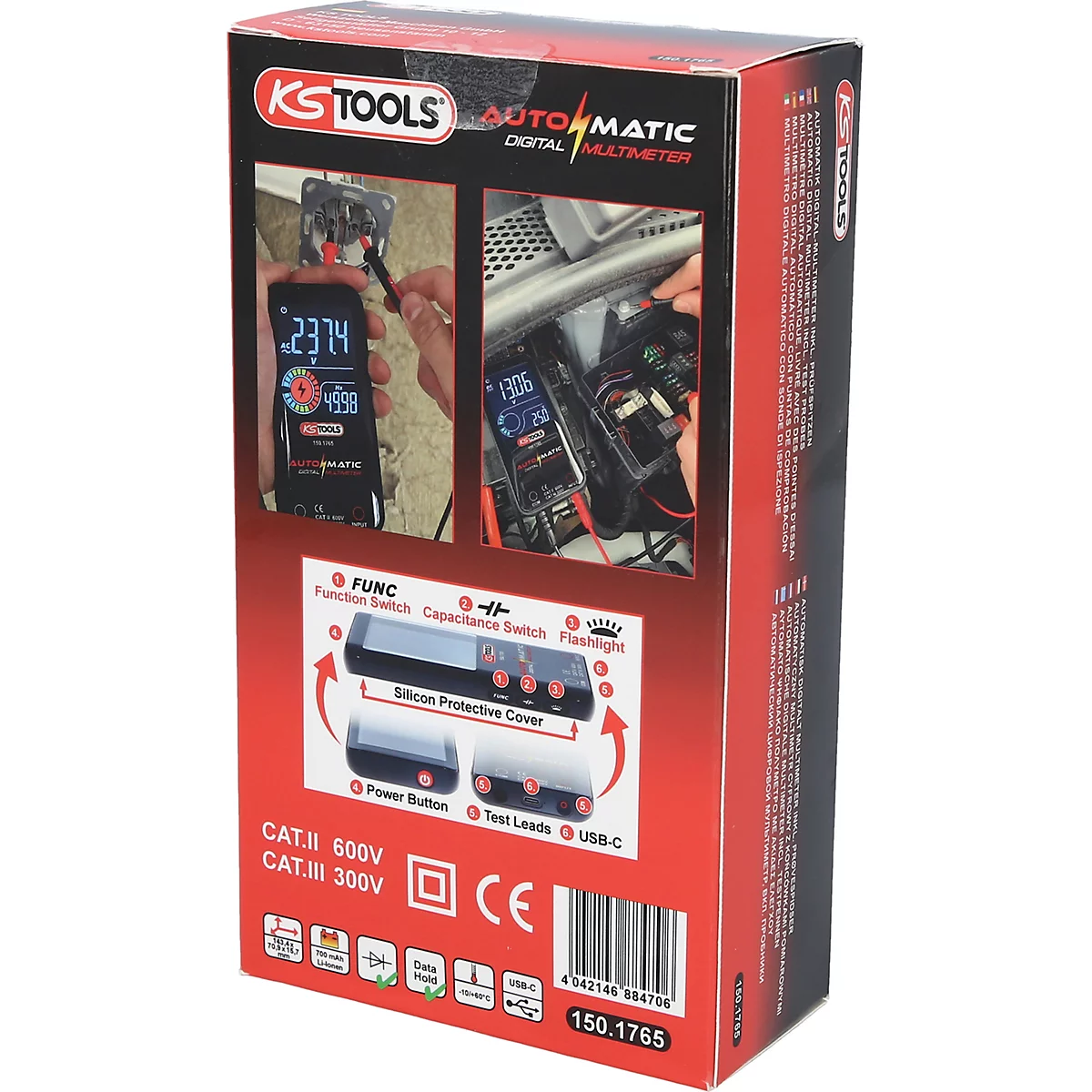 Detailansicht eines Kartons für ein KS Tools Automatic Digital Multimeter mit Anwendungsbeispielen und Produktmerkmalen.